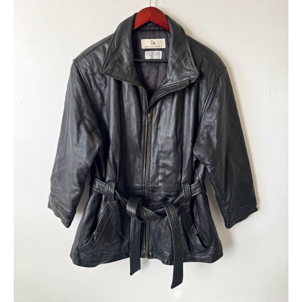 Vintage Danielle Martin Leather Jacket Womens XL Black Belted 90s Genuine
